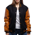 Black & Brown Bomber Varsity Leather Jacket for Women