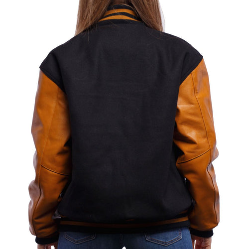 Black & Brown Bomber Varsity Leather Jacket for Women