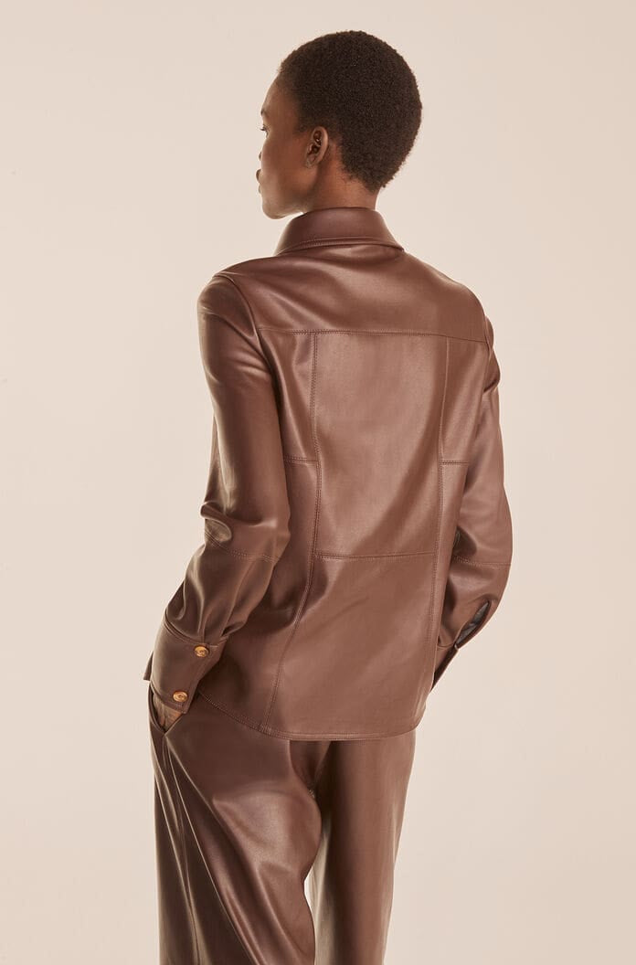 Chocolate Brown Leather Shirt for Women with Gold Buttons