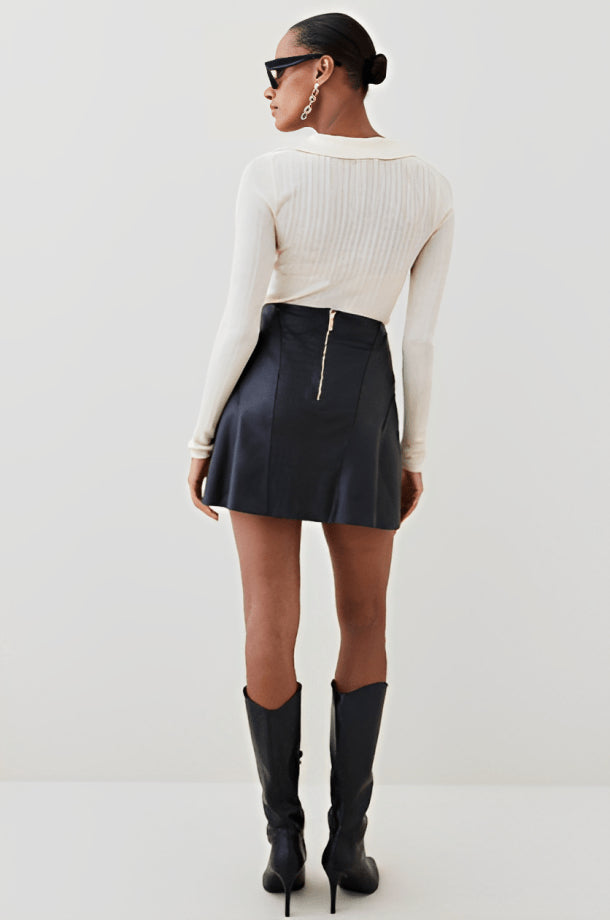 Women's Black Croc Texture Leather A-Line Mini Skirt