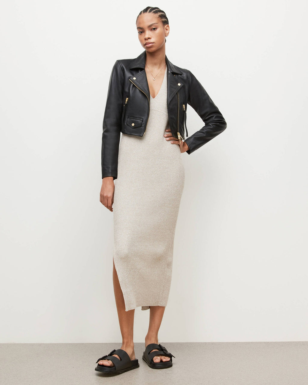 Women's Cropped Biker Leather Jacket In Black