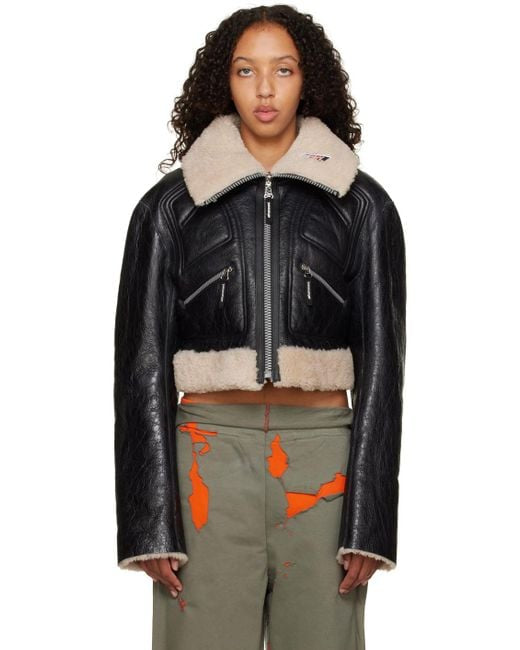 Women's Cropped Brown Shearling Leather Jacket in Black