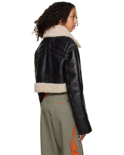 Women's Cropped Brown Shearling Leather Jacket in Black