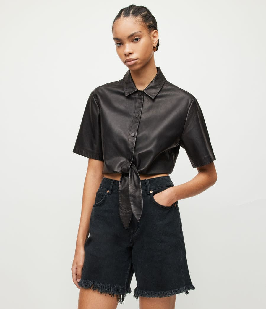 Women's Black Cropped Leather Shirt – Bold & Chic