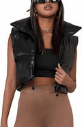 Black Cropped Puffer Leather Vest for Women