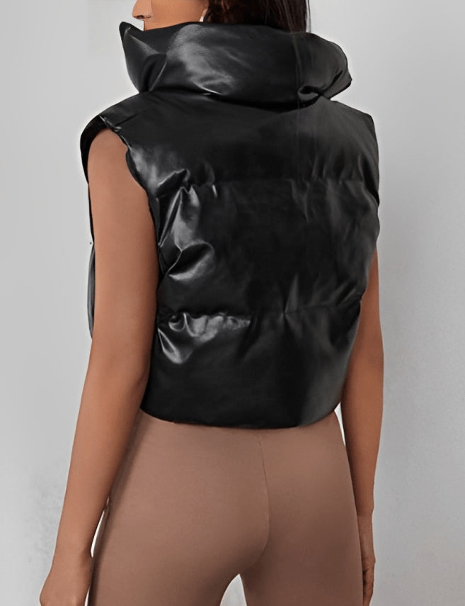Black Cropped Puffer Leather Vest for Women