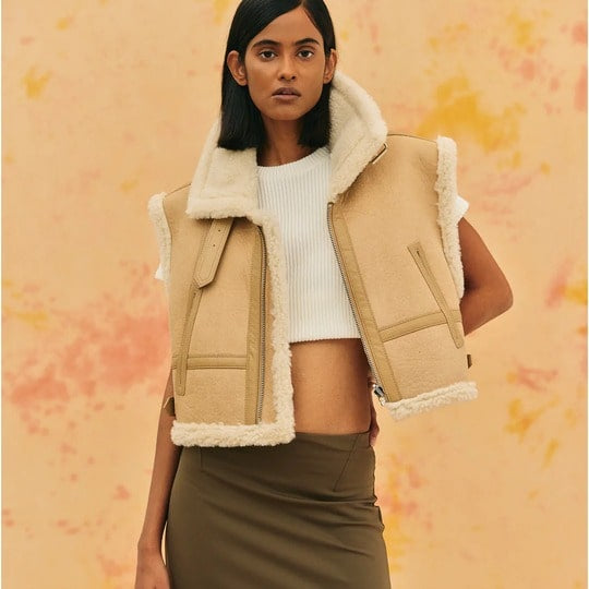 Tan Brown Cropped Shearling Leather Vest for Women