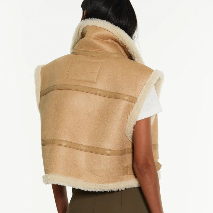 Tan Brown Cropped Shearling Leather Vest for Women