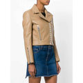 Beige Cropped Studded Leather Jacket for Women