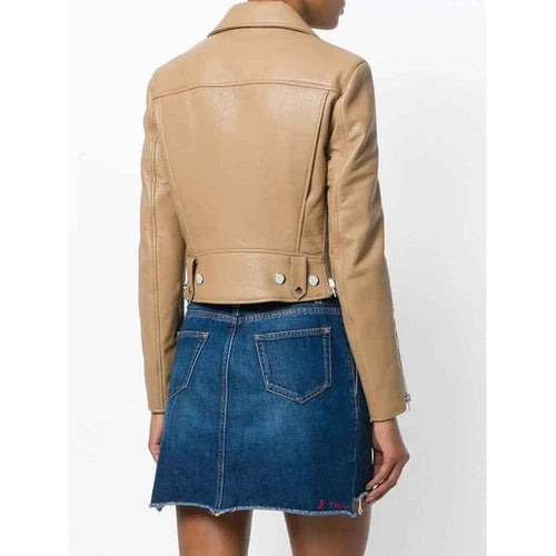 Beige Cropped Studded Leather Jacket for Women