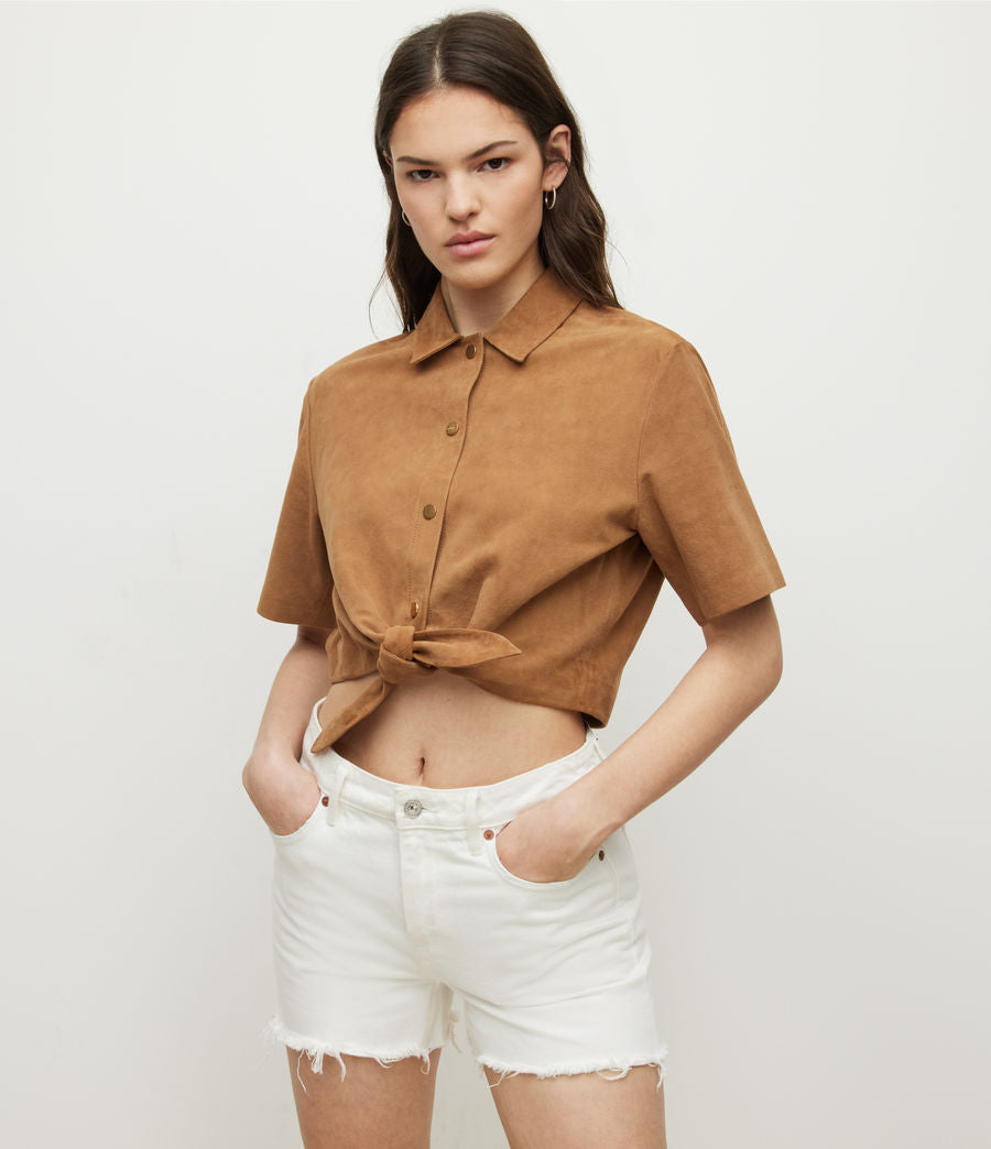Women's Brown Cropped Suede Leather Shirt