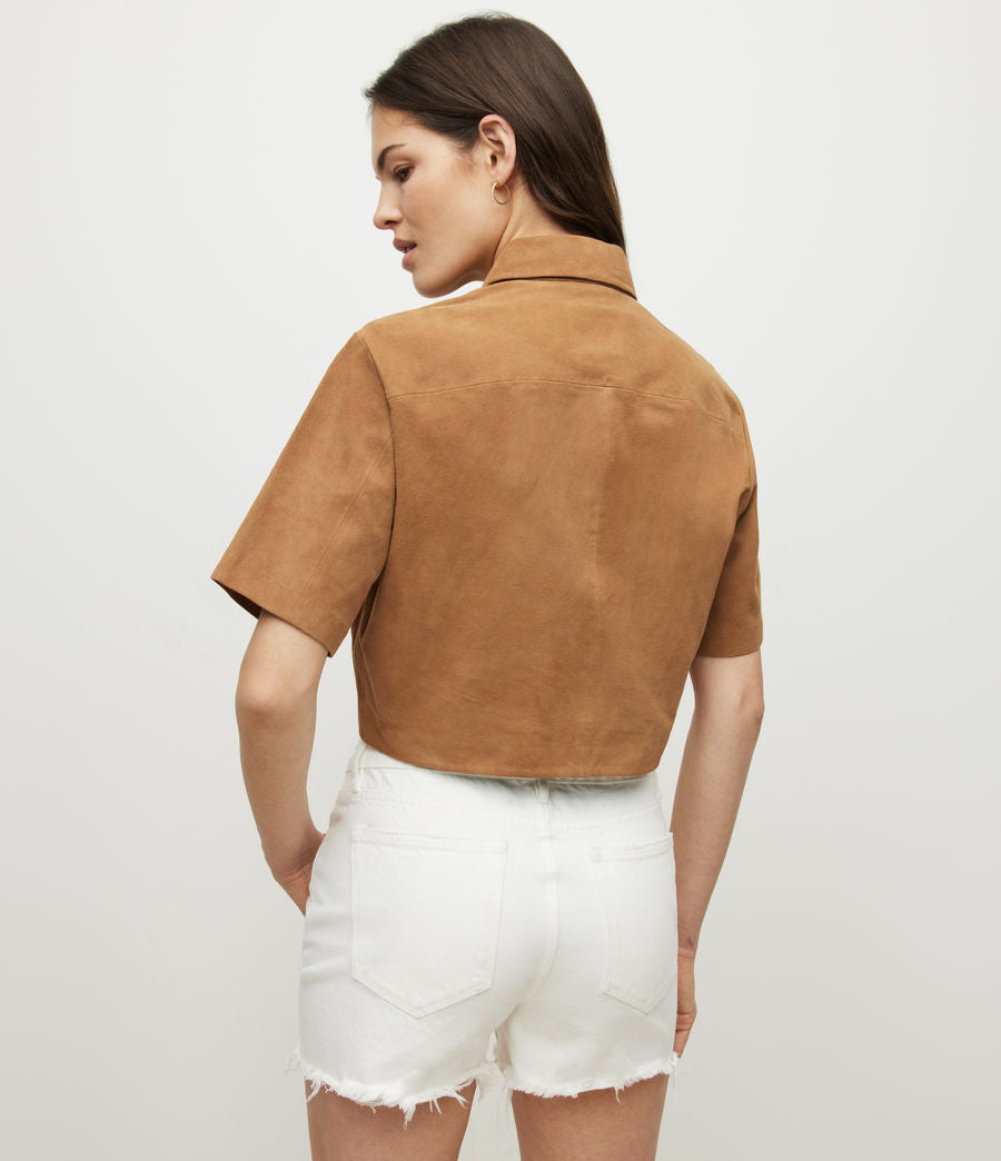 Women's Brown Cropped Suede Leather Shirt