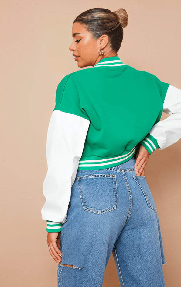 Women's Green Cropped Varsity Bomber Leather Jacket