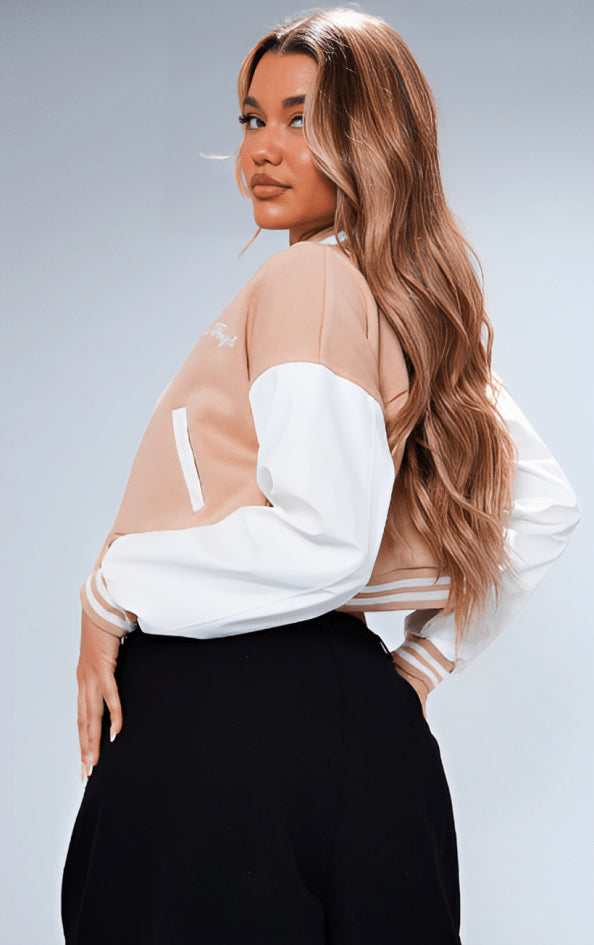 Women's Light Pink Cropped Varsity Bomber Leather Jacket