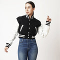 Black & White Cropped Varsity Leather Jacket for Women