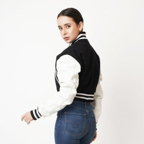 Black & White Cropped Varsity Leather Jacket for Women