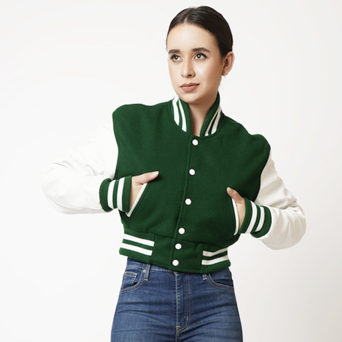 Green & White Cropped Varsity Leather Jacket for Women