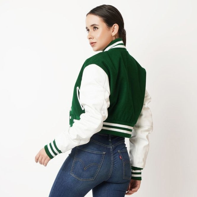 Green & White Cropped Varsity Leather Jacket for Women