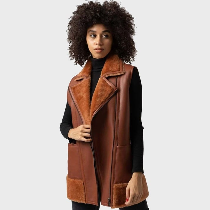 Dark Brown Shearling Leather Vest for Women