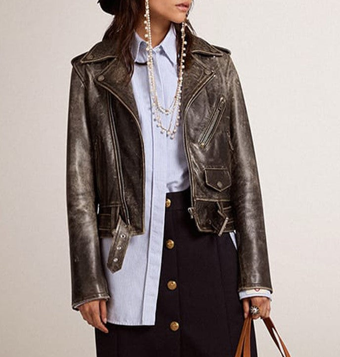Women's Black Distressed Biker Leather Jacket – Bold & Timeless