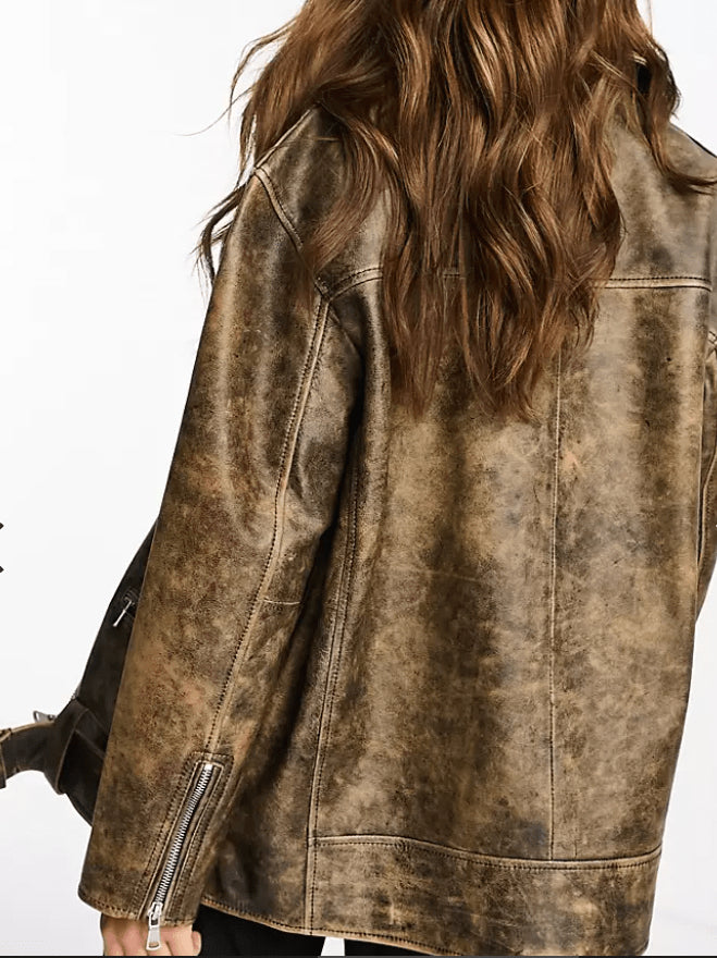Women’s Distressed Leather Biker Jacket with Stylish Belt