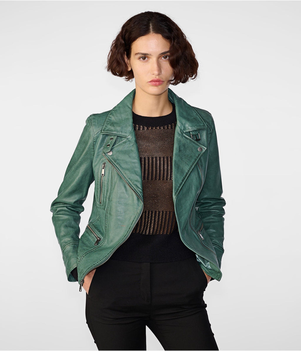 Sea Green Distressed Leather Biker Jacket for Women