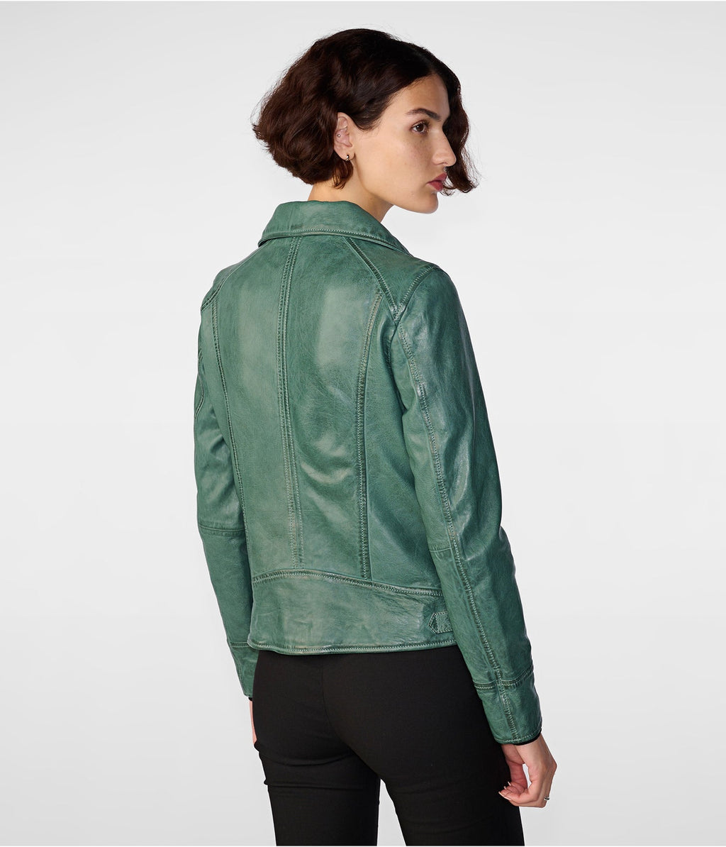 Sea Green Distressed Leather Biker Jacket for Women