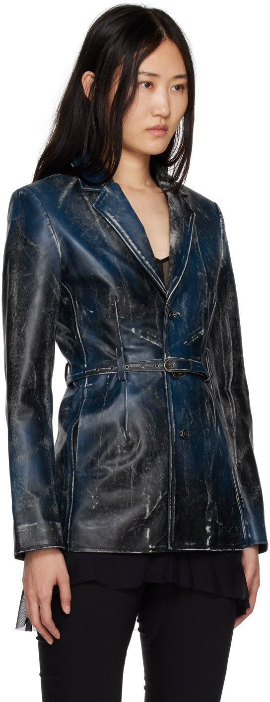 Blue Distressed Leather Blazer for Women
