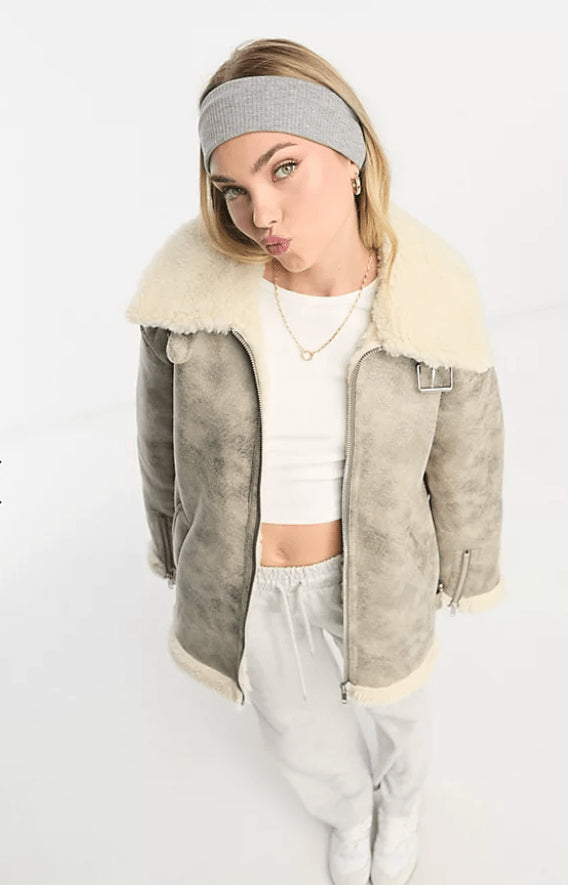 White Shearling Bomber Jacket for Women