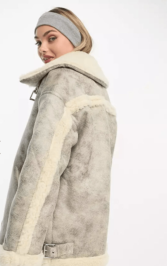 White Shearling Bomber Jacket for Women