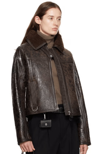 Women’s Dark Brown Distressed Shearling Leather Jacket