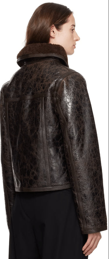 Women’s Dark Brown Distressed Shearling Leather Jacket