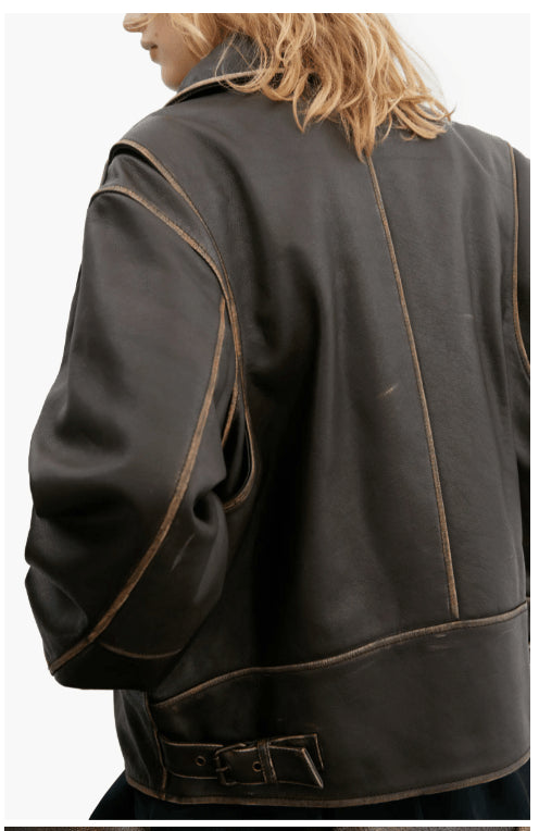 Dark Brown Distressed Vintage Leather Biker Jacket for Women
