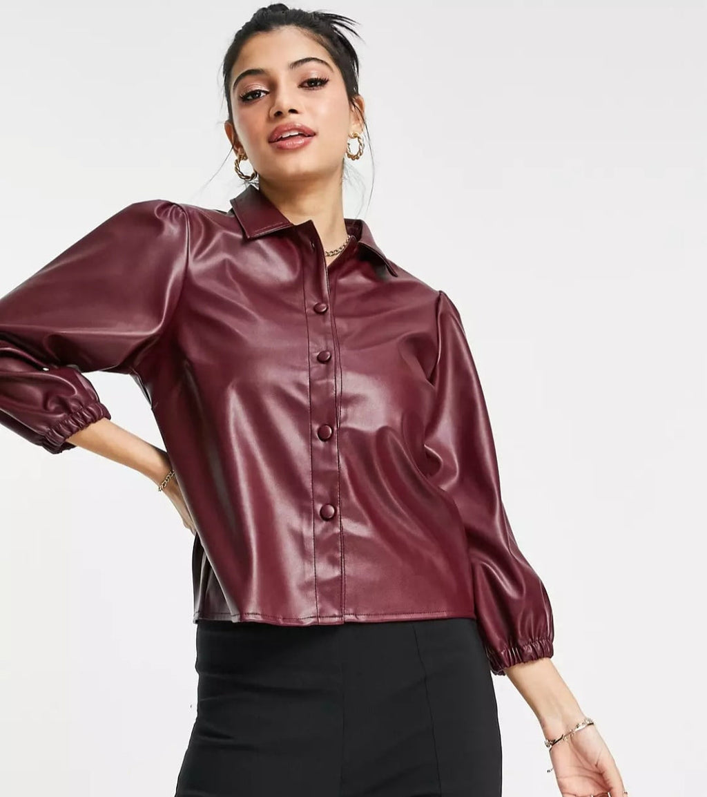 Women's Maroon Full-Sleeve Leather Shirt – Bold & Elegant
