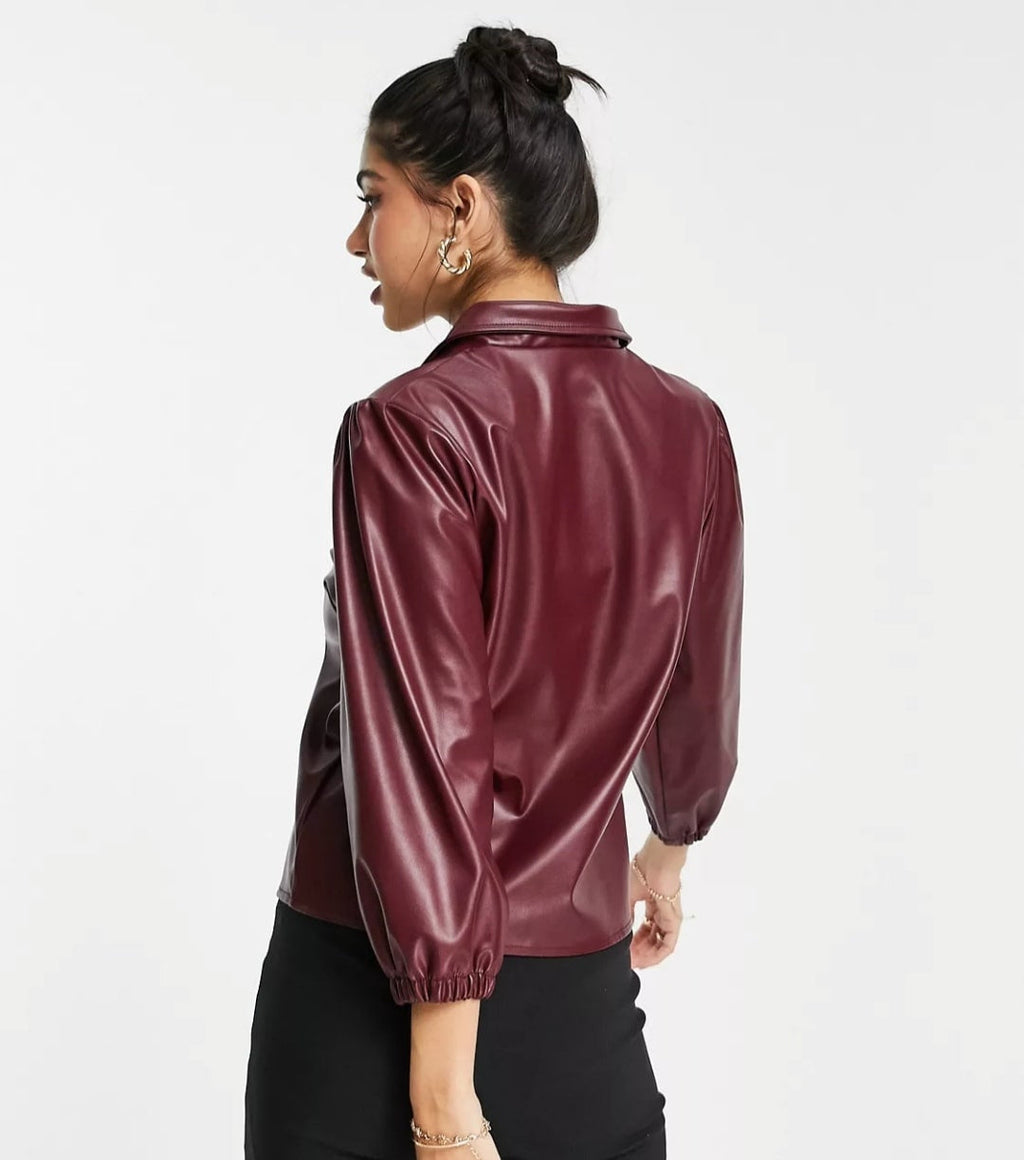 Women's Maroon Full-Sleeve Leather Shirt – Bold & Elegant