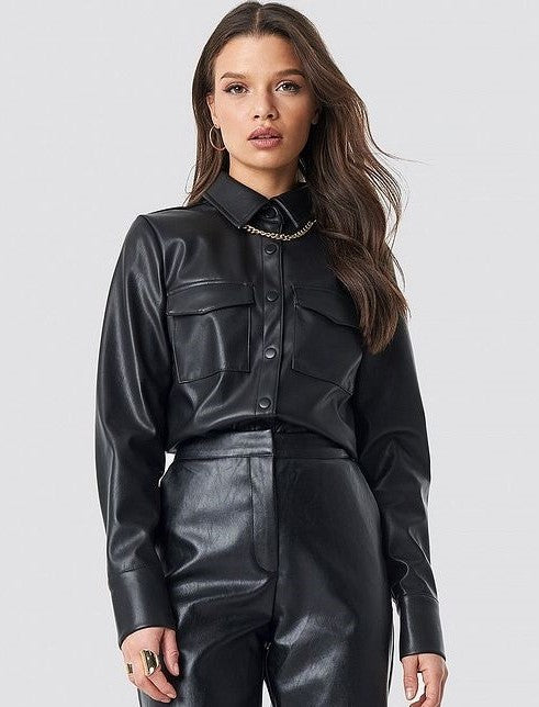 Women's Black Leather Trucker Shirt Jacket – Classic Full Sleeve Design