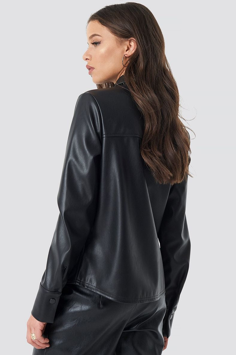 Women's Black Leather Trucker Shirt Jacket – Classic Full Sleeve Design