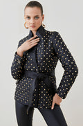 Black Leather Blazer for Women with Gold Studded Detailing