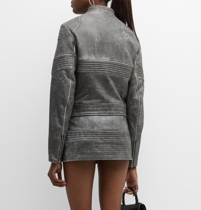 Women’s Gray Distressed Leather Jacket