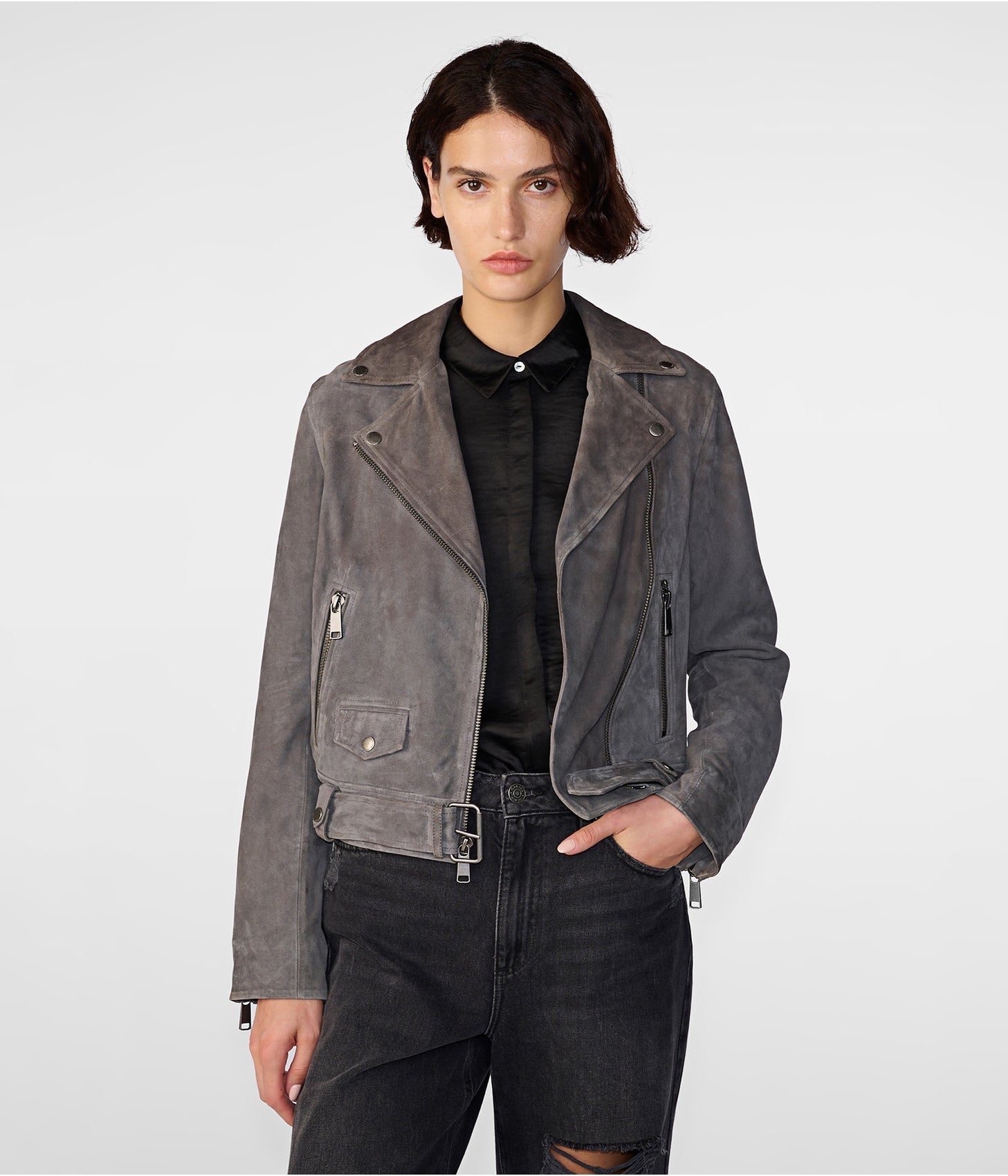 Women's Gray Suede Biker Jacket – Chic & Timeless