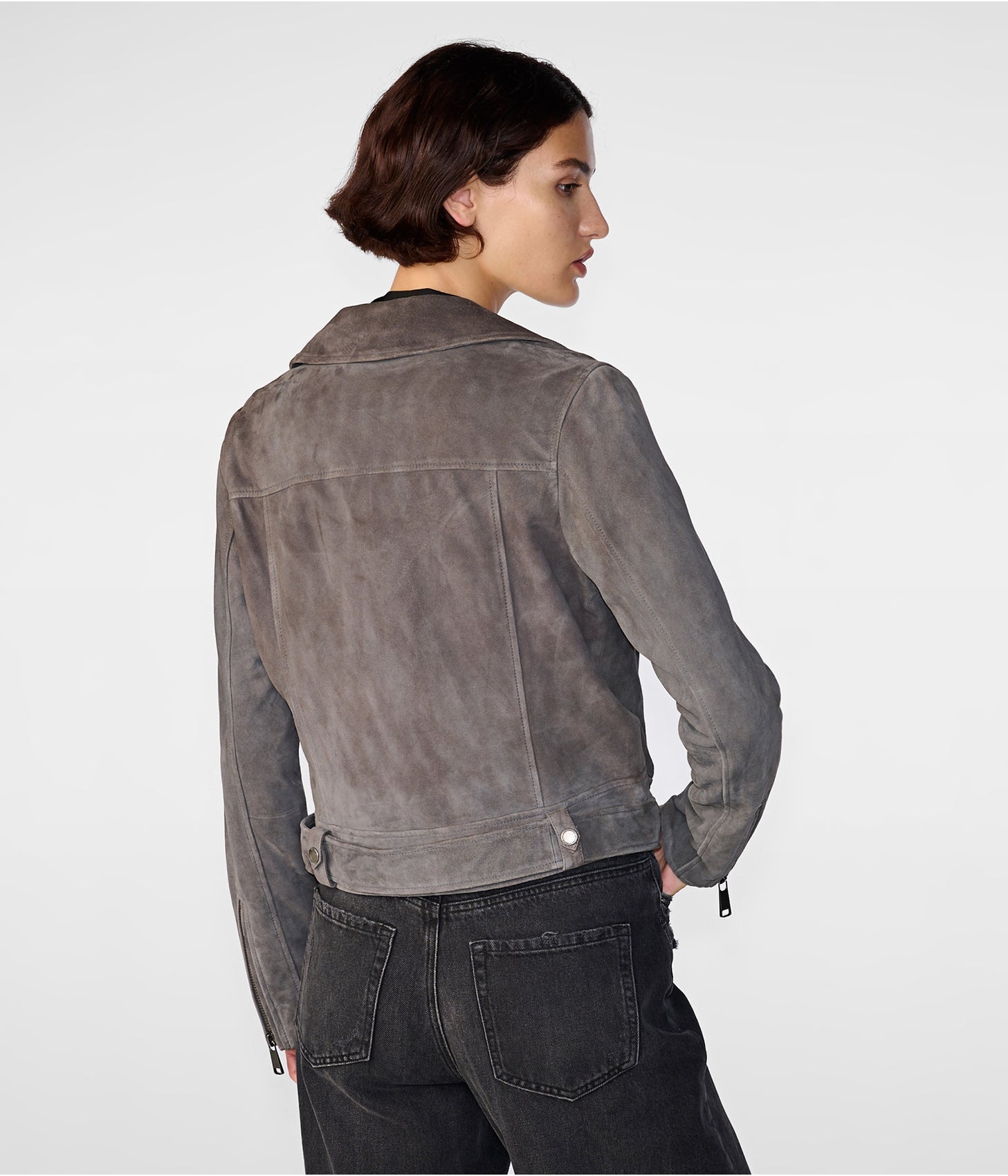Women's Gray Suede Biker Jacket – Chic & Timeless