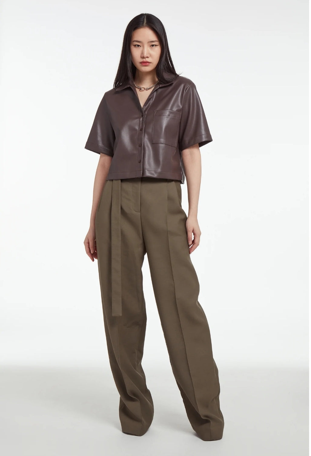 Women's Coffee Brown Cropped Leather Shirt – Half Sleeve