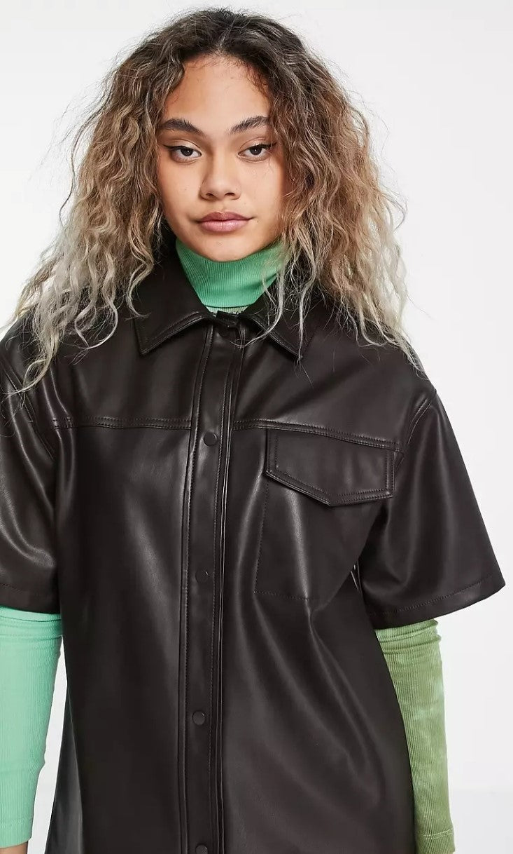 Women's Black Cropped Trucker Leather Shirt – Half Sleeve