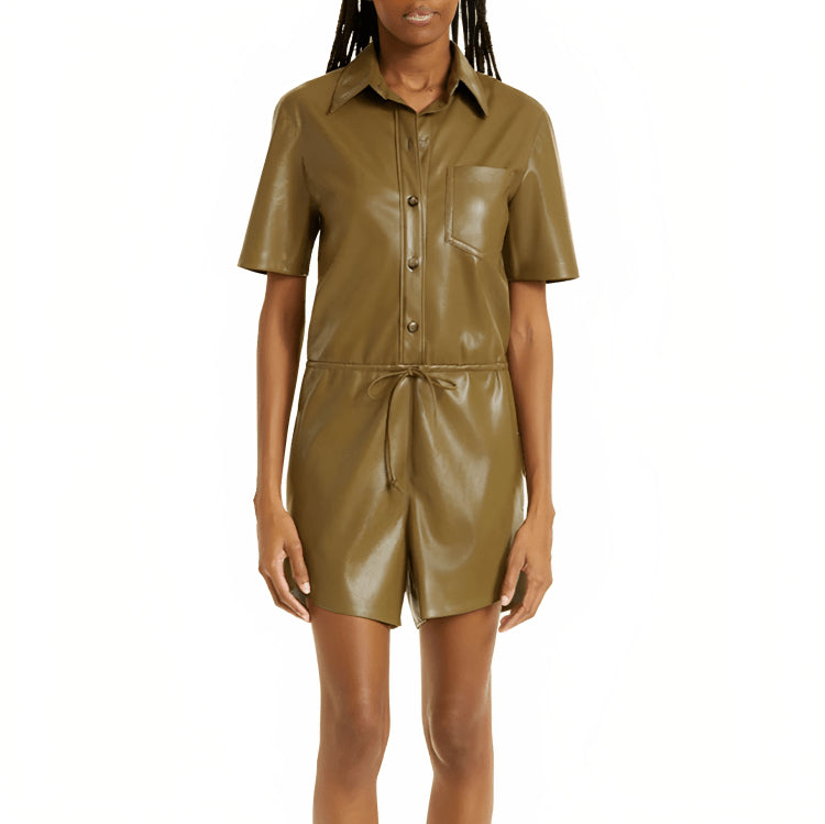 Women's Khaki Leather Romper with Half Sleeves – Chic & Trendy