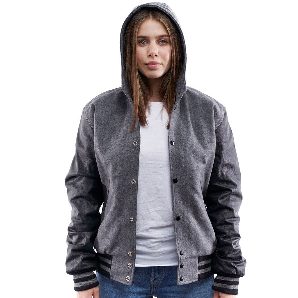 Gray Hooded Letterman Leather Jacket for Women