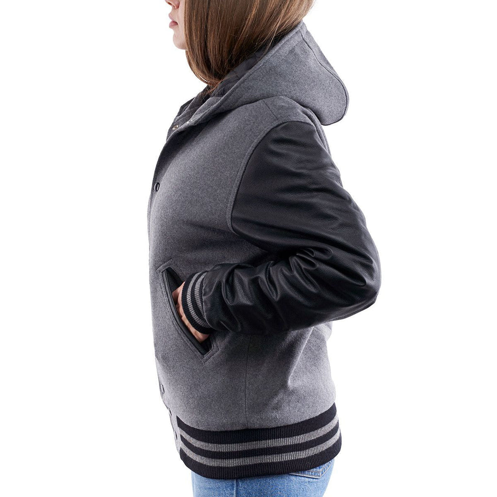 Gray Hooded Letterman Leather Jacket for Women
