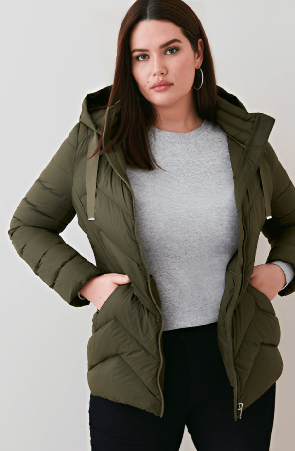 Women's Khaki Hooded Puffer Jacket – Warm & Stylish