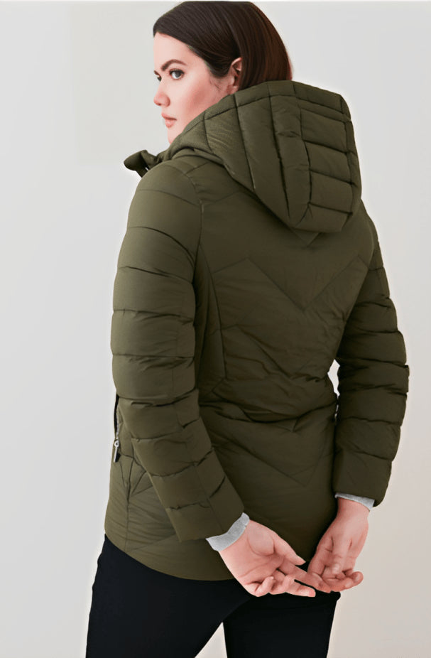 Women's Khaki Hooded Puffer Jacket – Warm & Stylish