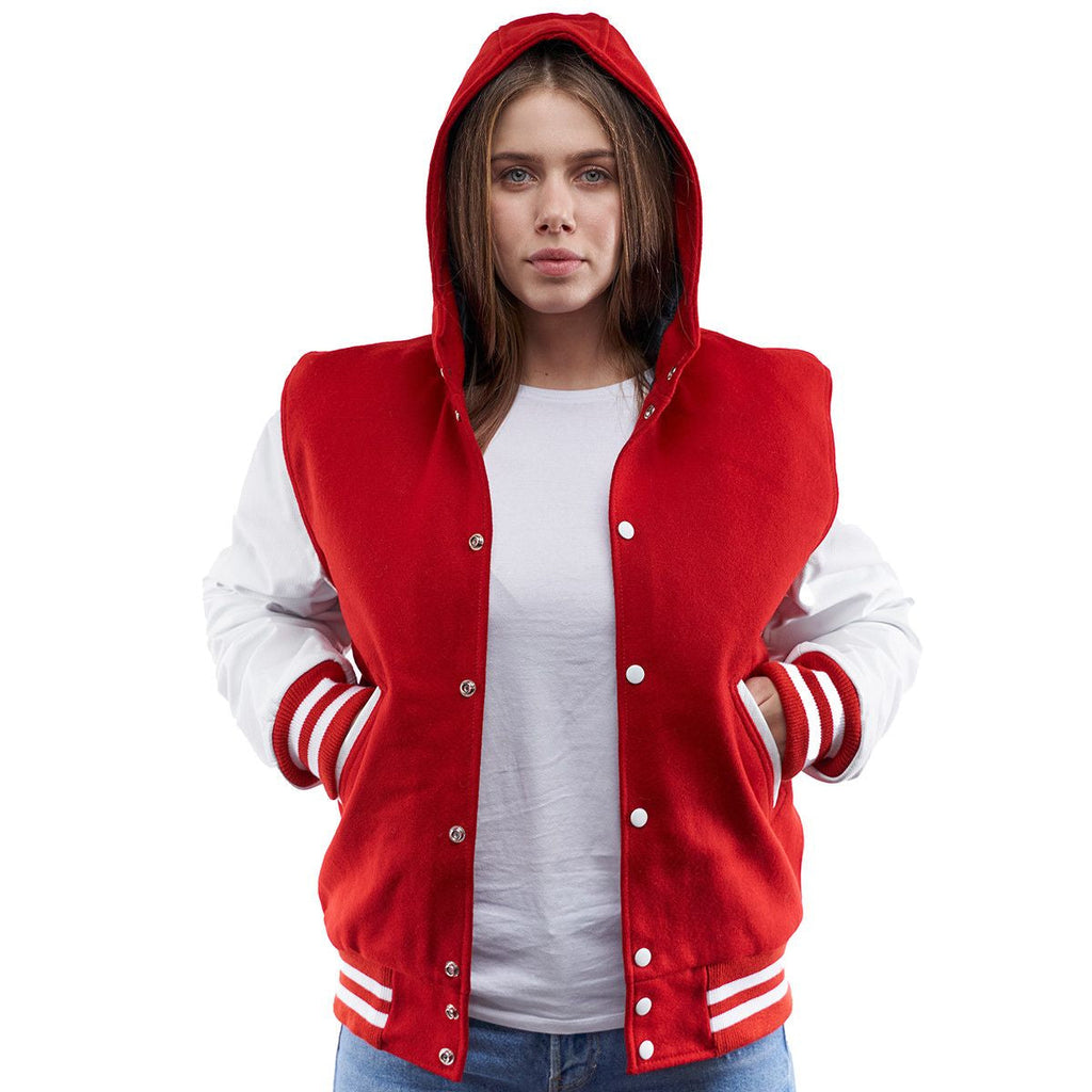 Red & White Hooded Varsity Leather Jacket for Women