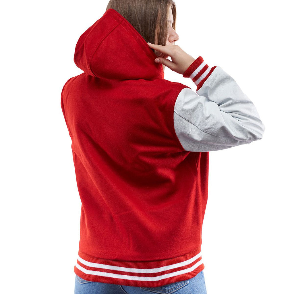 Red & White Hooded Varsity Leather Jacket for Women